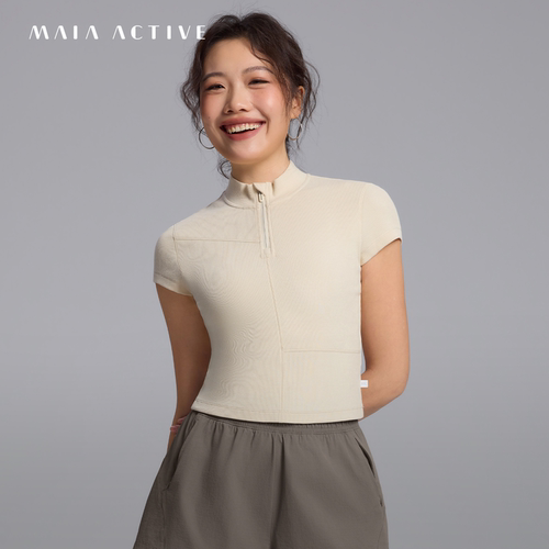 MAIA棉罗纹半拉链短袖瑜伽T恤