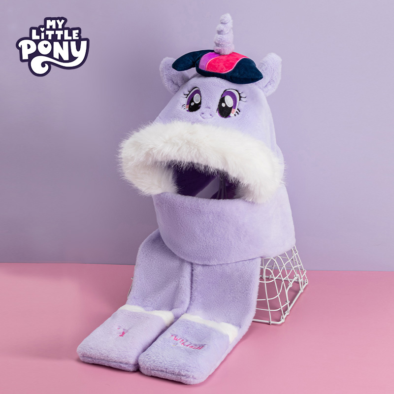 小马宝莉儿童加绒护耳保暖围巾帽子一体套头连帽公主女童宝宝围脖