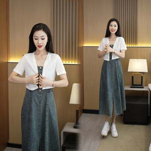 牛仔裙套装2024夏季新款连衣裙女装裙子显瘦气质洋气短袖时尚套装