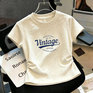 纯棉女童高腰短袖T恤夏季新款中大童收腰褶皱短款修身舞蹈服上衣