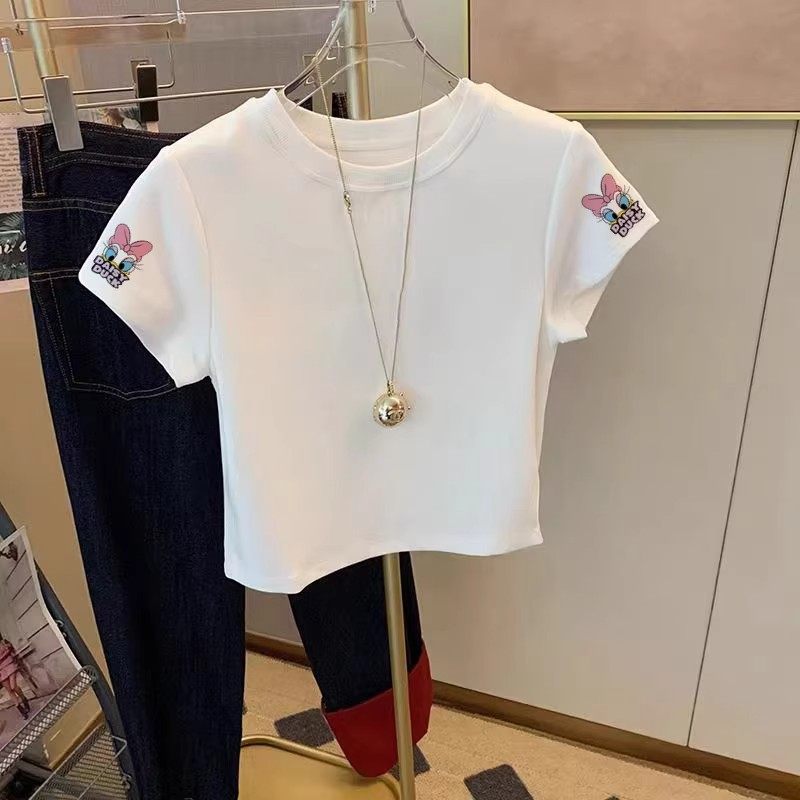 女童白色小衫正肩女t恤夏季新款修身百搭学生短款半袖纯棉上衣