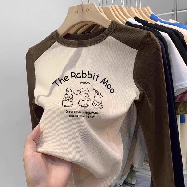 女童纯棉正肩拼色长袖t恤中大童百搭洋气修身内搭女孩上衣春秋季