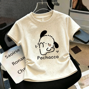 纯棉女童高腰短袖T恤夏季新款中大童收腰褶皱短款修身舞蹈服上衣