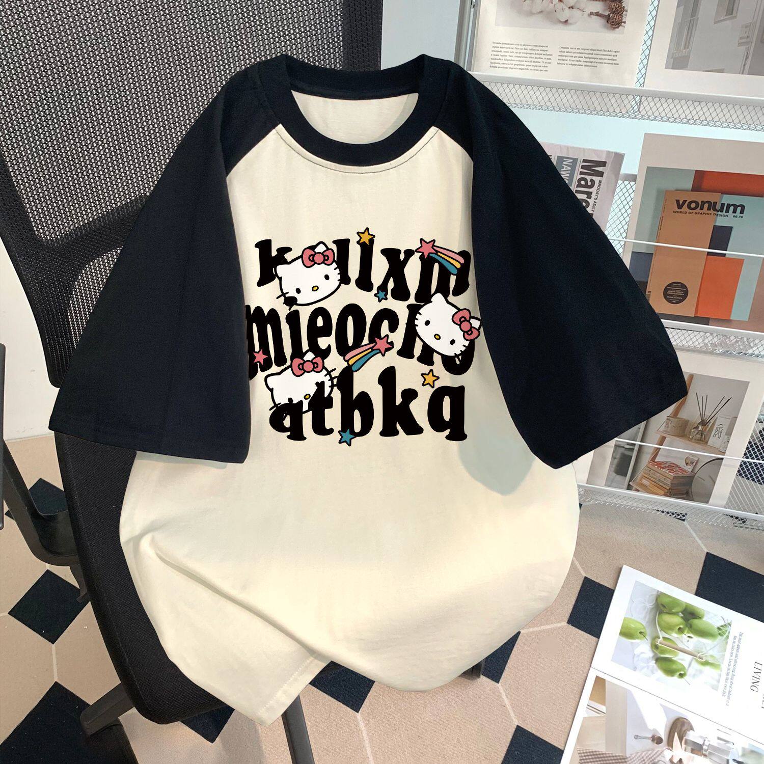 女童纯棉短袖T恤2025新款夏季中大童宽松休闲百搭插肩袖上衣潮