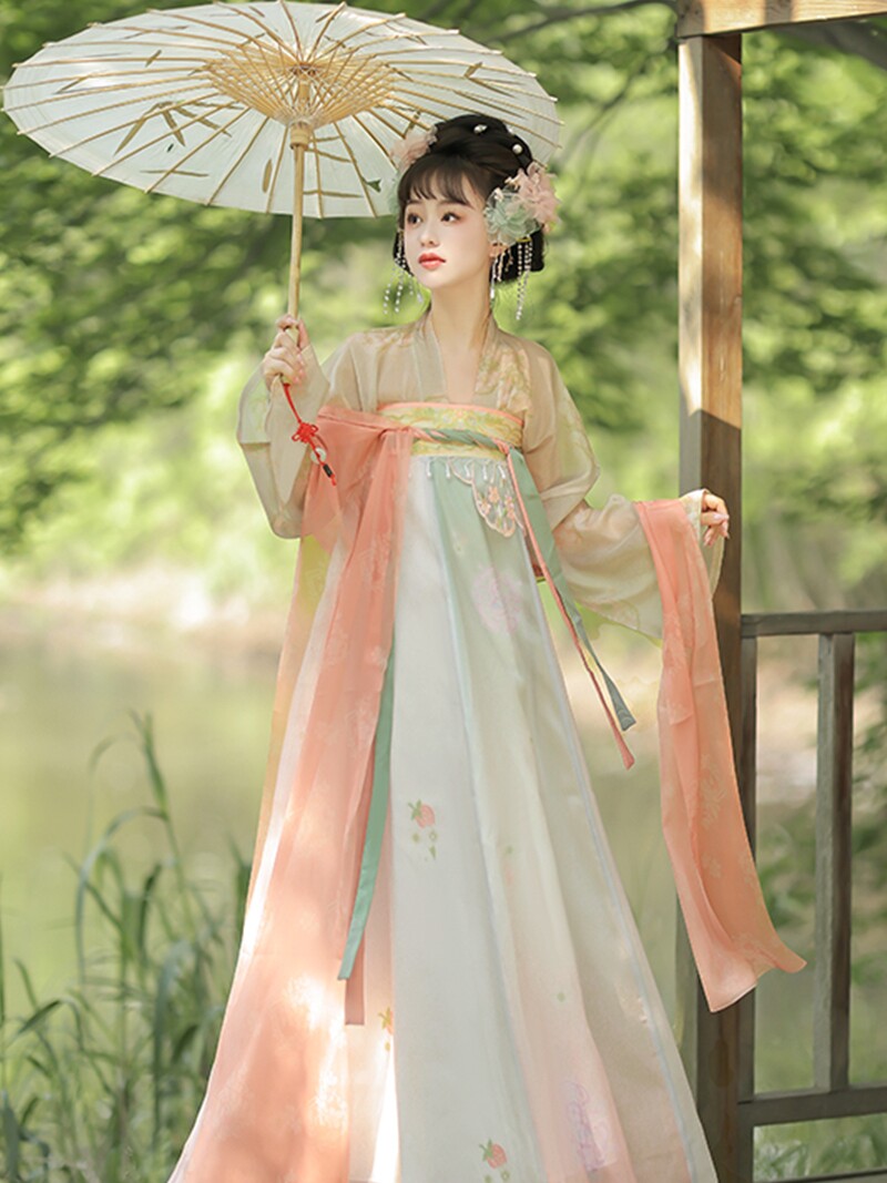 HAN AND TANG HUAYUN 원래 HANFU 여성 [SPRING WATER] 여름 데일리 스타일 자수 인쇄를위한 당나라 제작 가슴 길이 스커트