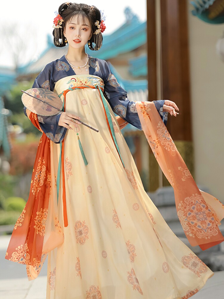 한당 왕조의 화윤 원래 HANFU 여성 [YUNSHANG] 당나라 원피스 자수 여름 복원에서 만든 가슴 길이 깨진 스커트