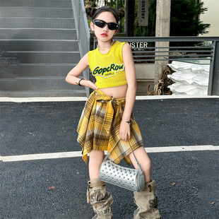 女童字母背心套装2025夏季新款韩版刺绣无袖上衣辣妹短裤两件套潮