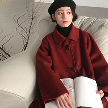 红色呢子大衣女 毛呢外套娃娃领牛角扣韩版 2019秋冬季 赫本风中长款