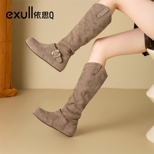 依思q不过膝长筒靴女2025秋冬新款棕色骑士靴圆头皮带扣平底靴子