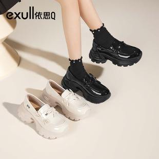 依思q乐福鞋女2025新款秋季超火厚底黑色小皮鞋英伦风一脚蹬单鞋
