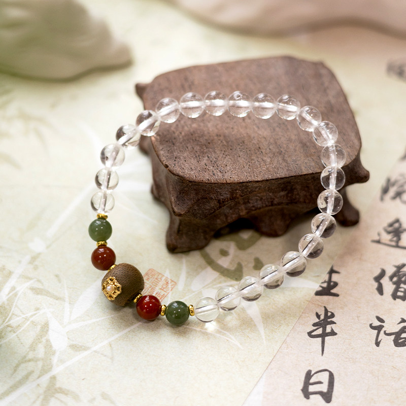 天然白水晶手串手链搭配南红沉香和田玉高级感转运手链女新中式新
