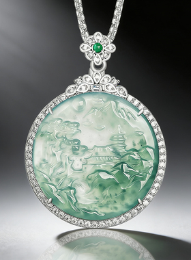 天然a货翡翠蓝水山水牌S925银镶冰种玉石吊坠玉坠男女款项链挂件