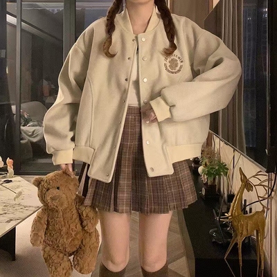 美式白色刺绣加绒加厚棒球服外套女秋冬款新款小个子夹克开衫上衣