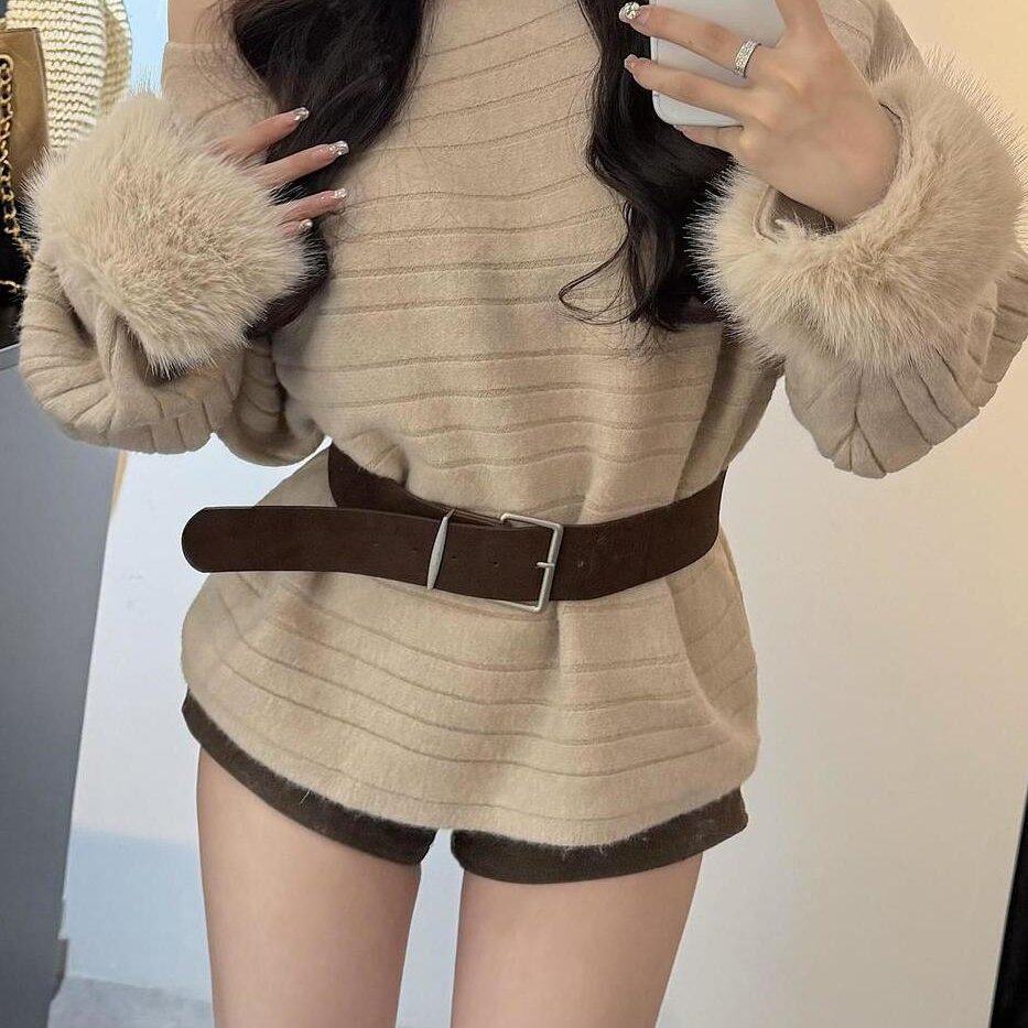 冬季斜肩毛毛袖配腰带套头毛衣女百搭设计感宽松针织衫百搭上衣XM