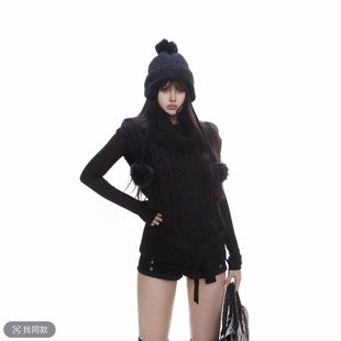 withmin凉皮 冬日特调 黑色马甲百搭针织秋冬高领腰带上衣2524599
