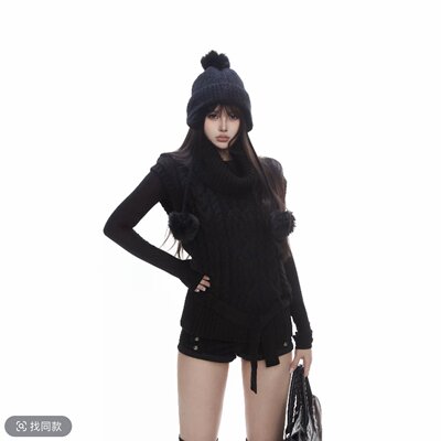 withmin凉皮 冬日特调 黑色马甲百搭针织秋冬高领腰带上衣2524599