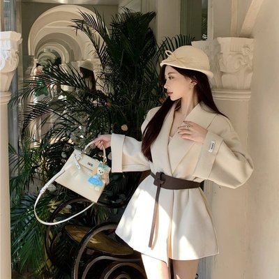 实拍实价赫本风毛呢大衣小个子中长款高级气质收腰西装外套配腰带