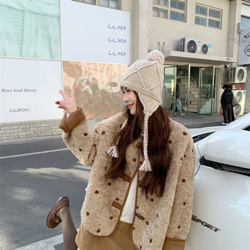 实拍实价 韩版波点两面穿羊羔毛外套女冬季卡其色毛绒绒皮毛一体