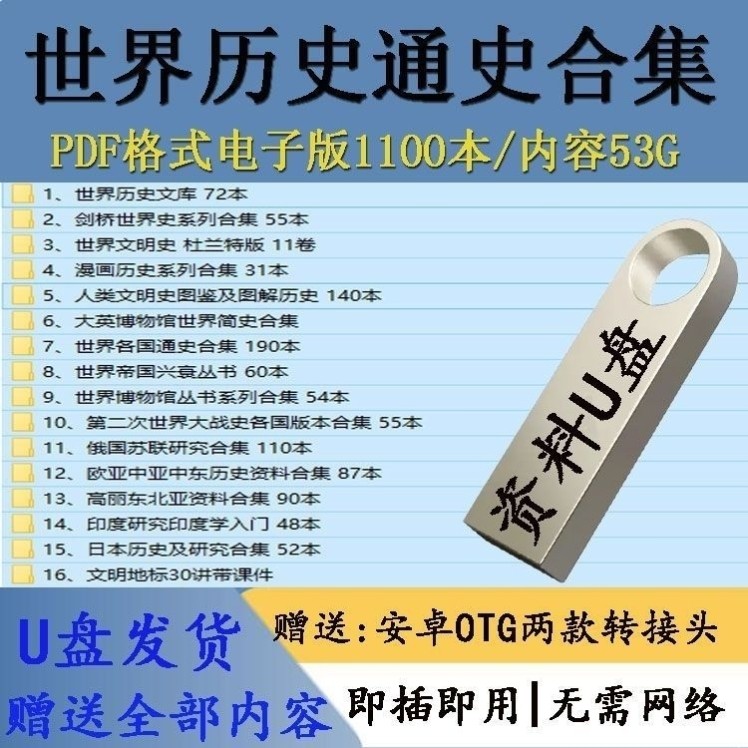 U盘送世界通史历史1100本PDF大国通史美国史德国史电脑通用优盘