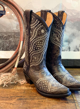 墨西哥生产corral大牌手工牛仔靴青少年款欧美黑色粗跟尖头西部靴