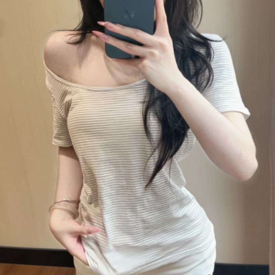 韩版大领口细条纹短袖T恤女夏季新款松弛感宽松休闲百搭显瘦上衣