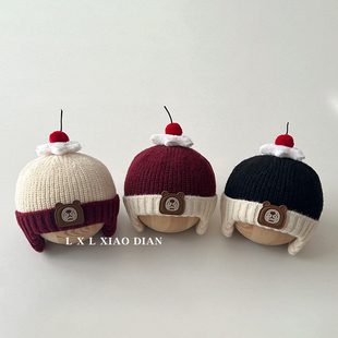婴儿护耳帽秋冬季超萌可爱小熊拼色针织帽子男童女宝宝穿搭毛线帽