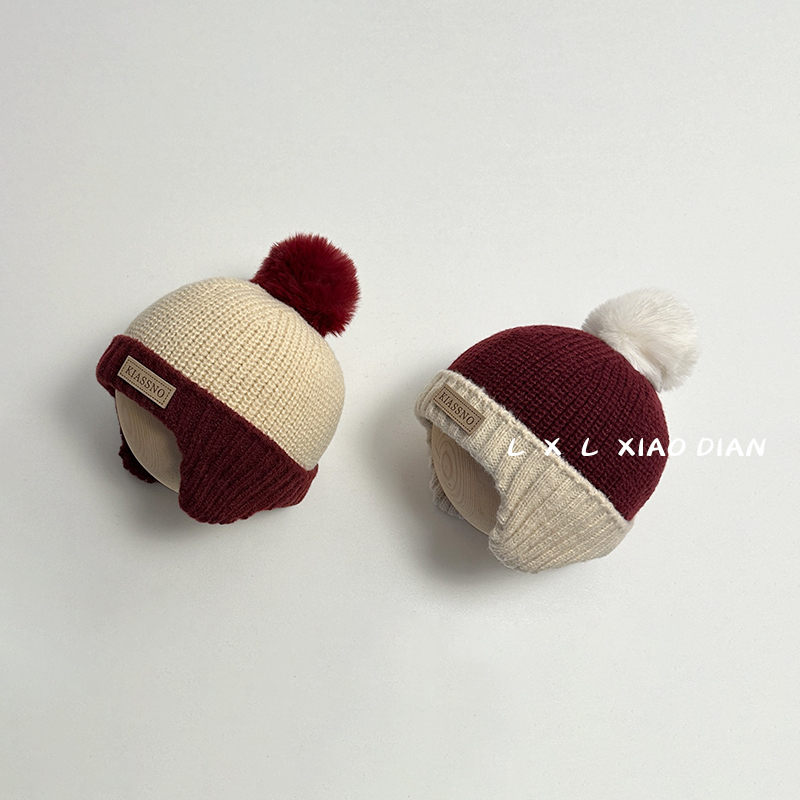 宝宝护耳帽秋冬季洋气拼色毛球针织套头帽子男女童酒红儿童毛线帽