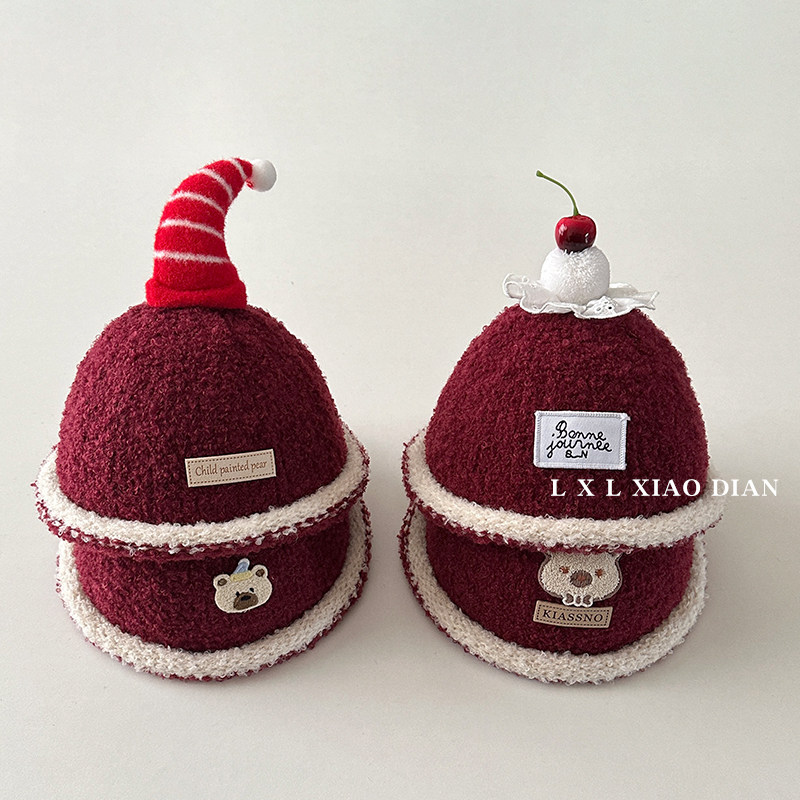 儿童帽子男童秋冬季复古酒红卷边针织套头帽女宝宝拼色穿搭毛线帽