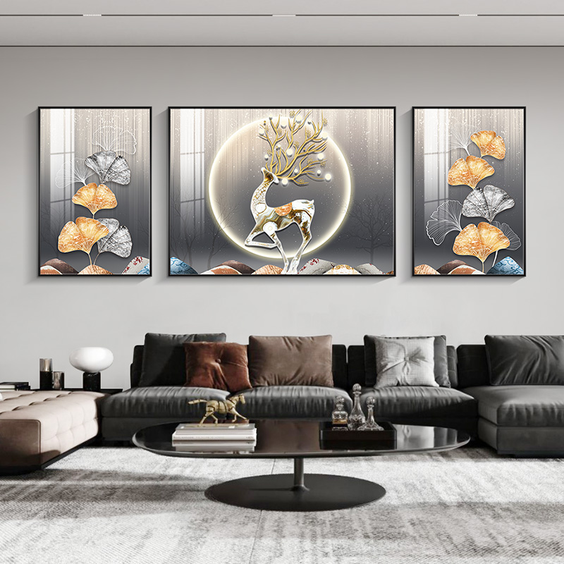 福禄满圆 现代简约客厅装饰画轻奢沙发背景墙挂画三联画麋鹿壁画