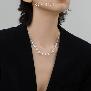 Konigin天然花瓣珍珠项链女轻奢小众碎银子串珠锁骨链925纯银颈链