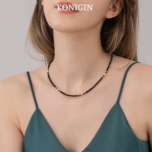 Konigin高级感黑晶石项链女s925纯银隔珠简约时髦串珠锁骨链颈链