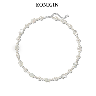 Konigin天然贝壳猫咪珍珠项链女倪妮同款轻奢小众纯银毛衣链颈链