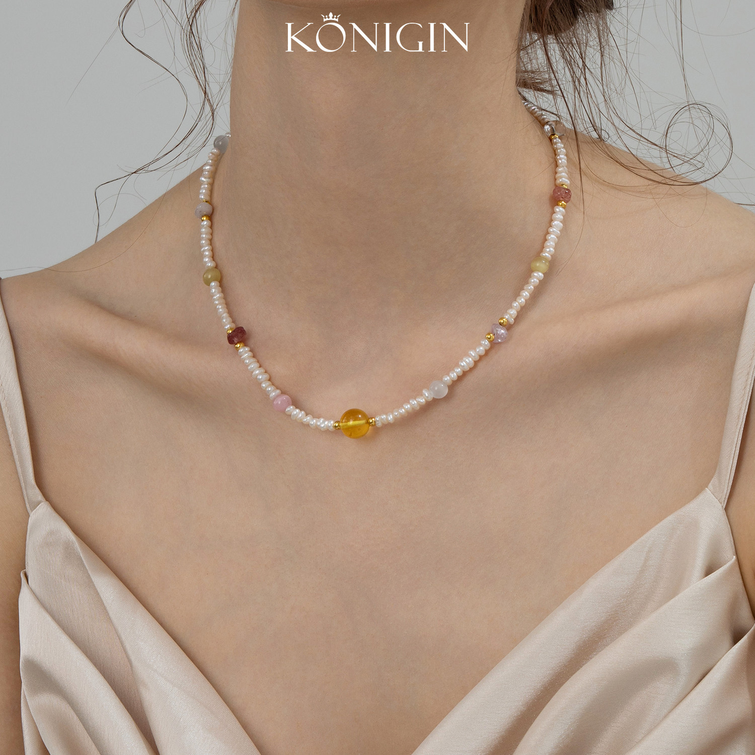 Konigin天然淡水珍珠项链女彩色天然石串珠锁骨链925纯银金珀颈链