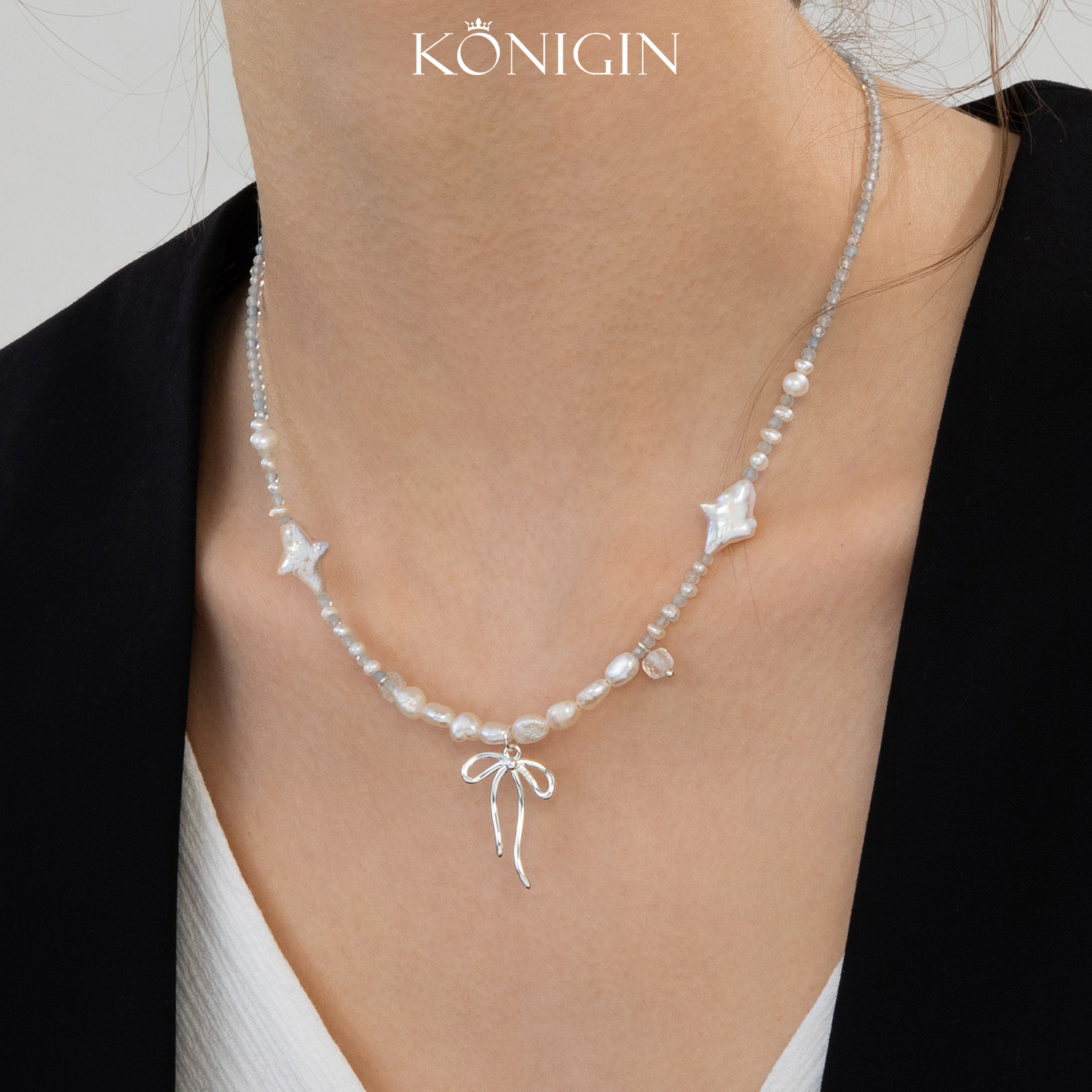 海蓝宝蝴蝶结吊坠项链女夏