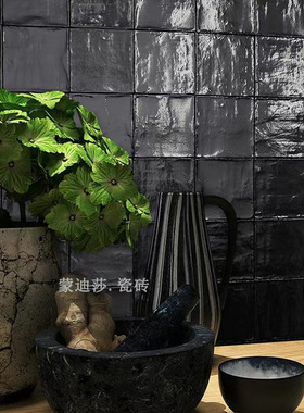复古微光手工砖125x125民宿咖啡厅吧台背景瓷砖卫生间黑色小方砖