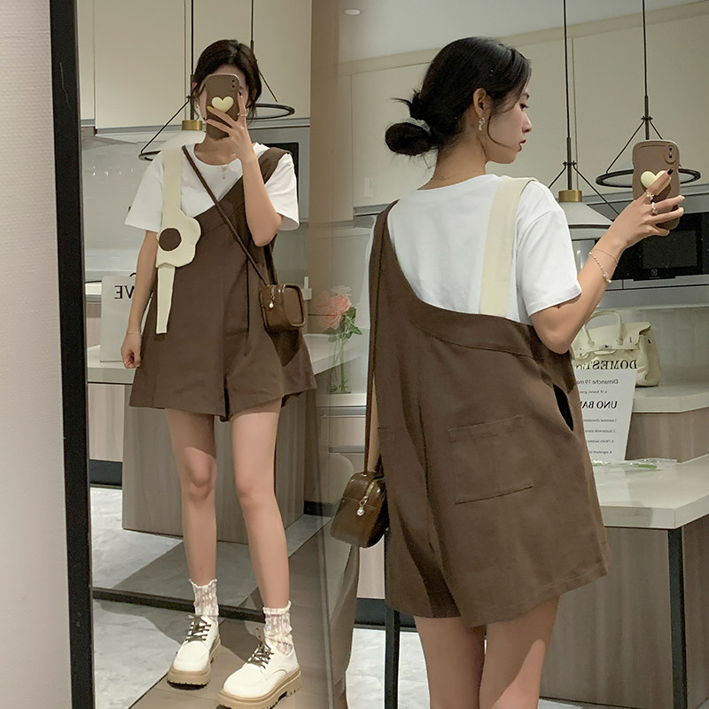 MATERNITY SUIT SUMMER DRESS HIGH-QUALITY COTTON SHORT-SLEEVED TOP LOOSE SIMPLE AND CUTE BIB SHORTS TWO-PIECE SET FOR SUMMER