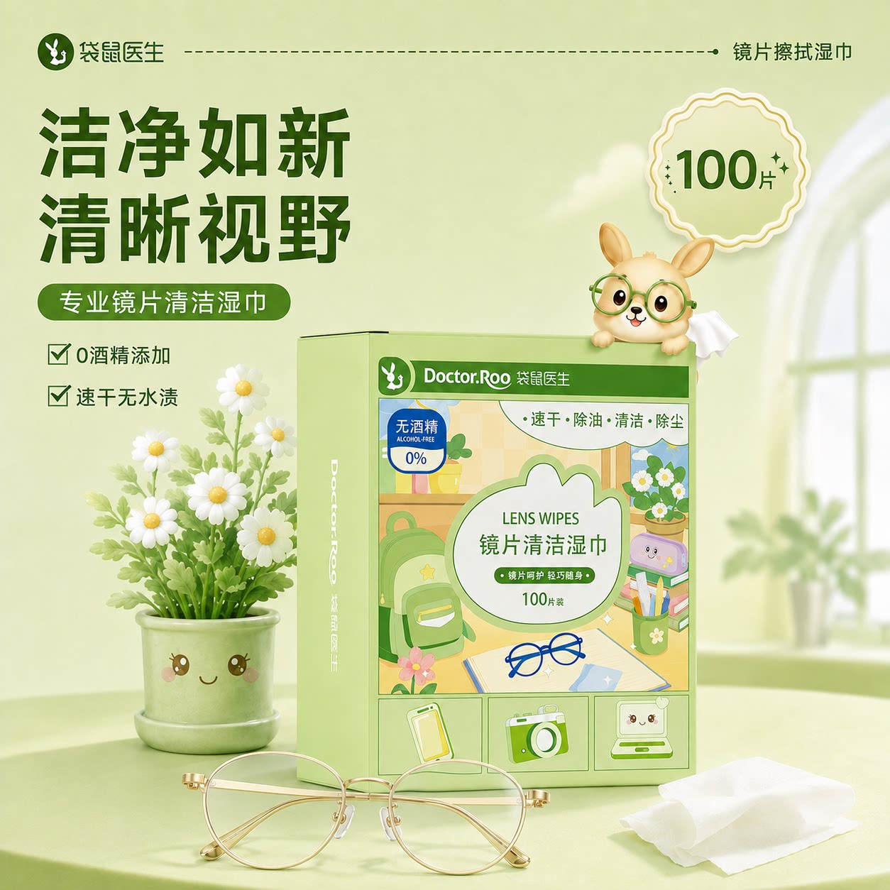 袋鼠医生镜片擦拭湿巾眼镜清洁湿巾一次性擦眼镜布镜头手机100片