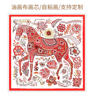 侘寂中古风装饰画画芯无框法式复古红马海报油画布定制自粘壁画