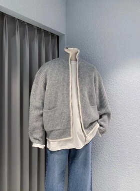 WEERE男士秋冬外套自制慵懒风撞色针织毛衣开衫男宽松高领针织衫