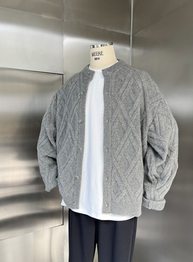 WEERE羊毛开衫男立体菱格提花毛衣慵懒宽松百搭针织衫外套