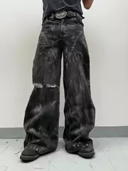 No/Faith Studios Black Waxed Washed Paint Loose Straight-Leg Flared Tailored Jeans for Men