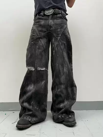 No/Faith Studios Black Waxed Washed Paint Loose Straight-Leg Flared Tailored Jeans for Men