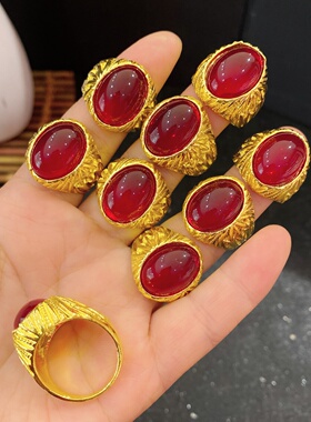 金色红宝石戒指男女复古雕花