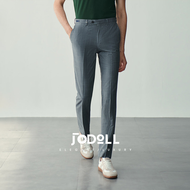 JODOLL乔顿【绵羊毛桑蚕丝】西裤男商务休闲修身灰色格子西装长