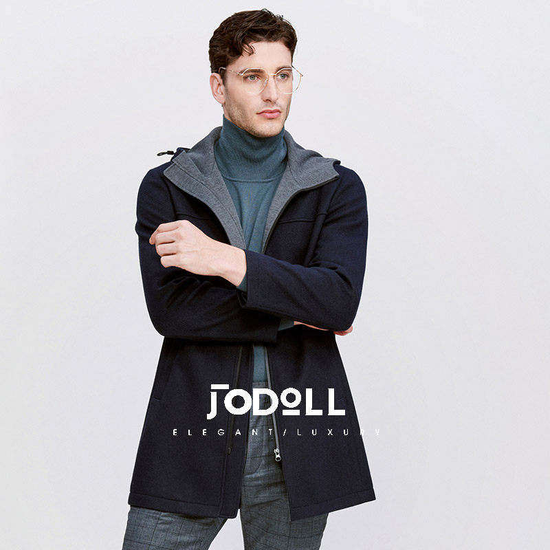 JODOLL乔顿男士潮流休闲连帽毛呢外套冬季保暖中长款纯羊毛呢大