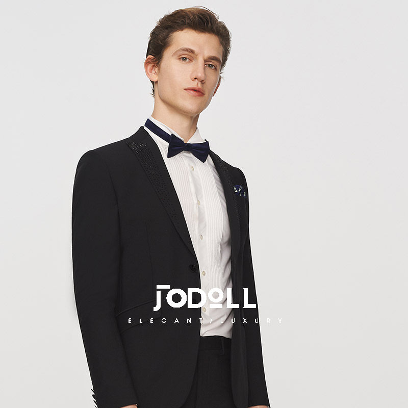 乔顿2025秋冬男修身绵羊毛西装商务宴会戗驳领烫钻西服套装上衣