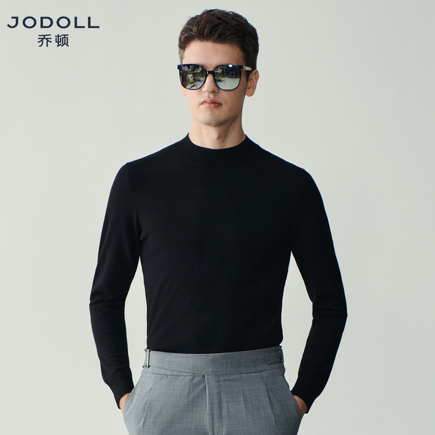 JODOLL乔顿100%纯羊毛衫男士中高领纯色毛衣休闲百搭针织衫