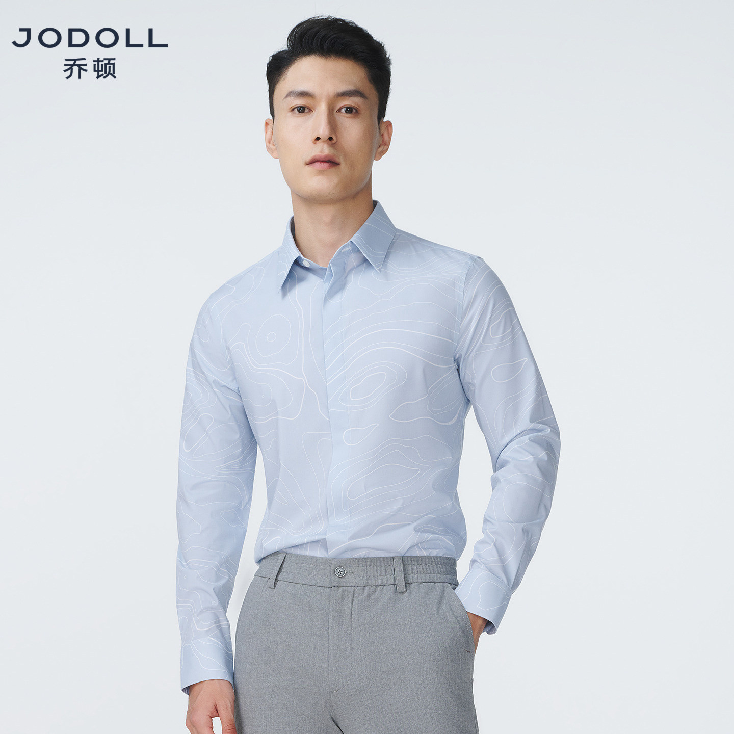 JODOLL乔顿男装长袖衬衫26年春商务休闲修身线性图案浅蓝色衬衣