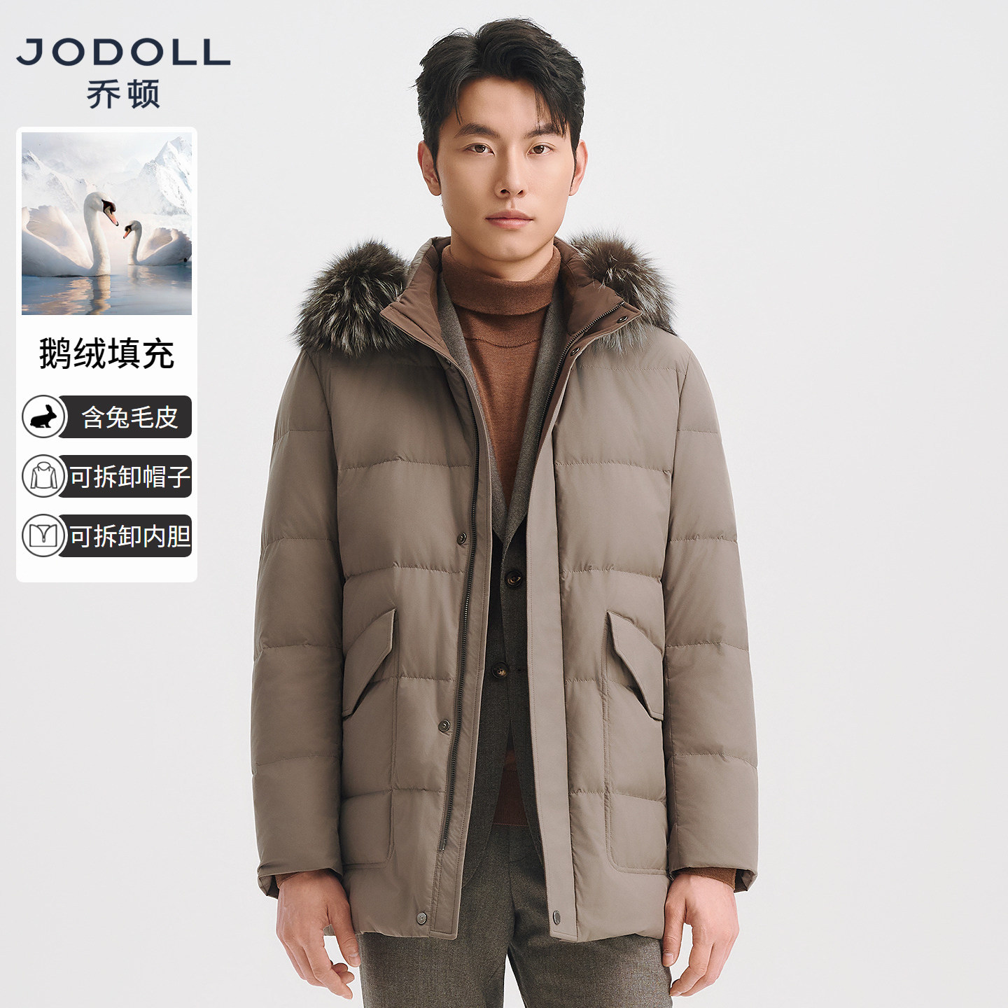 【狐狸毛领】JODOLL乔顿羽绒服高蓬鹅绒可拆卸兔毛保暖内胆连帽款