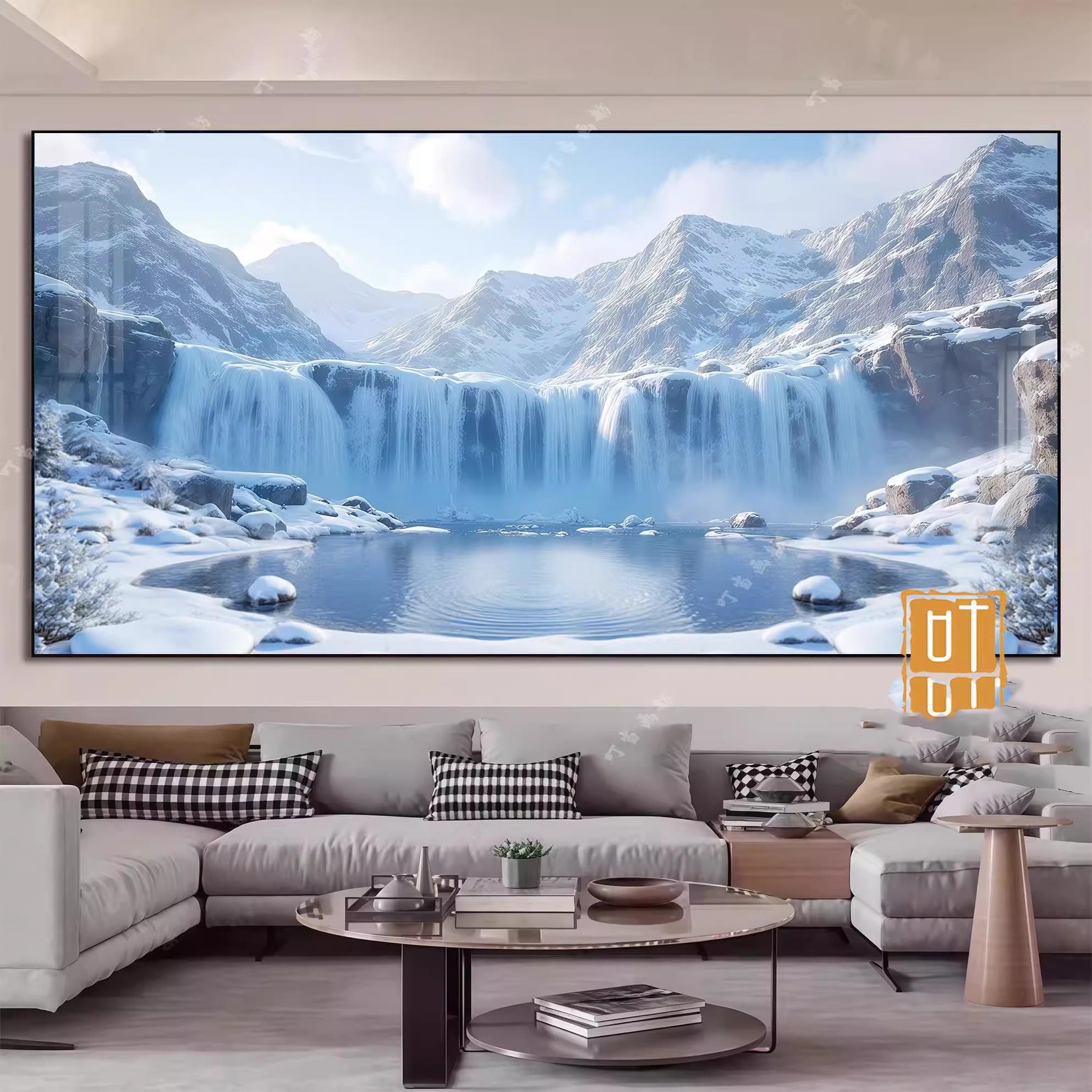 雪山瀑布聚宝盆招财流水画晶瓷框画玄关客厅背景墙山水风水装饰画图片